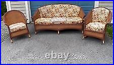 Rare Vintage 3 Piece Art Deco Wicker Set Sofa, Chair & Rocker F. A Whitney Co