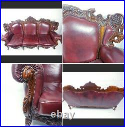 Rare Vintage Hand Dyed And Curved Baroque Style Leather Sofa 1960s
