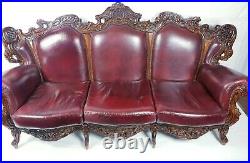 Rare Vintage Hand Dyed And Curved Baroque Style Leather Sofa 1960s