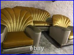 Rare Vintage Hollywood Regency Scallop Back Sofa & Pair Cloud Armchairs