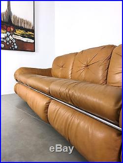 Rare Vintage Italian Camel Leather & Chrome Sofa Mid Century Modern Frattini Era