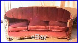 Red Velvet Antique Kidney Shape Couch and Chair
