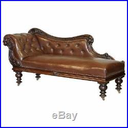 Regency Mahogany & Brown Leather Chesterfield Buttoned Chaise Lounge Sofa Chair