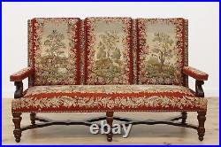 Renaissance Antique Oak Needlepoint Tapestry Settee Sofa #47171