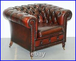 Restored Bordeaux Leather Chesterfield Club Suite Armchair & Sofa On Turned Legs