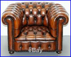 Restored Brown Leather Chesterfield Library Club Wingback Armchair & Sofa Suite