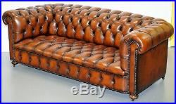 Restored Brown Leather Chesterfield Library Club Wingback Armchair & Sofa Suite