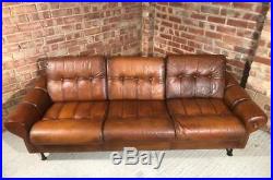 Retro Danish 1970 Straps Three Seater Hand Dyed Tan coloured Leather Sofa