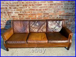Retro Danish Heavily Patinated Three Seater Hand Dyed Tan Leather Sofa
