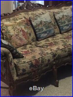 Rococo 1950's reupholstered sofa and two chairs with walnut trim