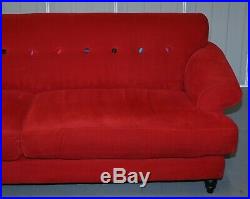 Rrp £3000 Pair Of Red Velvety Finish 3 To 4 Seater Sofas Chesterfield Buttoning