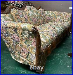 Serpentine Rare Antique Victorian Sofa Hand Carved Walnut FrenchTapestry Covered