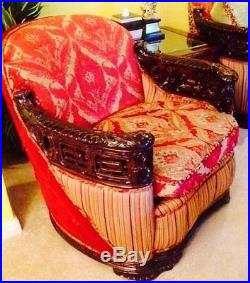 Set 3 Pieces RARE 1900 Era Italian Baroque Curved Sofa, Tub Chair & Ottoman