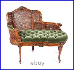 Settee, Louis XV Style Caned, Green Tufted Upholstery, Height 33 1/2 x Width 40