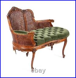Settee, Louis XV Style Caned, Green Tufted Upholstery, Height 33 1/2 x Width 40