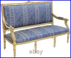 Settee, Sofa, Salon, Louis XVI Style Upholstered, Blue, Crest. Vintage / Antique