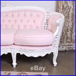 Shabby Cottage Chic Fancy PINK Linen Tufted Settee French Vintage Style Sofa