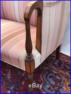 Sheraton North Shore Styled Antique Tiger Maple Inlaid Mahogany Settee