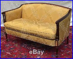Sheraton Styled Mahogany Inlaid Paneled Settee In Gold Silk Fabric