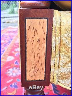Sheraton Styled Mahogany Inlaid Paneled Settee In Gold Silk Fabric