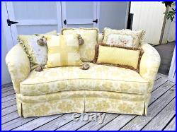 Sherrill Yello/Gold Foral Damask Tufted Sofa with Tuxedo Skirt & Throw Pillows