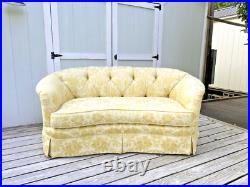 Sherrill Yello/Gold Foral Damask Tufted Sofa with Tuxedo Skirt & Throw Pillows