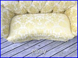 Sherrill Yello/Gold Foral Damask Tufted Sofa with Tuxedo Skirt & Throw Pillows