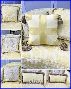 Sherrill Yello/Gold Foral Damask Tufted Sofa with Tuxedo Skirt & Throw Pillows