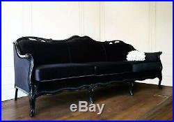 Sleek French Provincial Glam Black Velvet Sofa Couch Chaise Hollywood Vintage