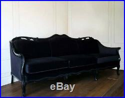 Sleek French Provincial Glam Black Velvet Sofa Couch Chaise Hollywood Vintage