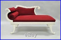 Small Vtg French Empire Style Carved Wood Red White Chaise Lounge Fainting Couch
