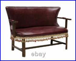 Sofa, Continental, Oak & Tasseled Trim, Burgundy Leather like, Vintage / Antique
