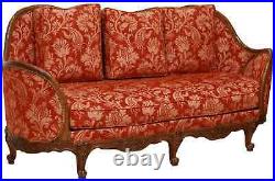Sofa, French Louis XV Style, Upholstered 79.25W, Red Damask, Vintage / Antique