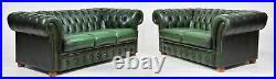 Sofa and Loveseat, Chesterfield, Green Leather From England, Gorgeous Set