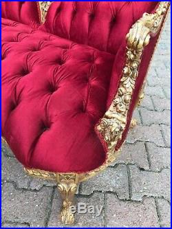 Sofa in French Louis XVI Style Upholstered with Red Velvet and Gold Leaf Finish