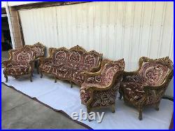 Sofa set, Louis XV (15th), carved & gilded with colorful upholstery