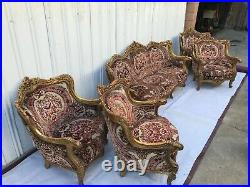 Sofa set, Louis XV (15th), carved & gilded with colorful upholstery