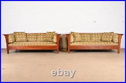 Stickley Mission Arts and Crafts Cherry Wood Settle Sofas, Pair
