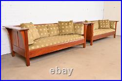 Stickley Mission Arts and Crafts Cherry Wood Settle Sofas, Pair