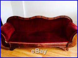 Stunning 1840's Empire Sofa with Burgundy Upholstery and Scrolled Arms and Feet