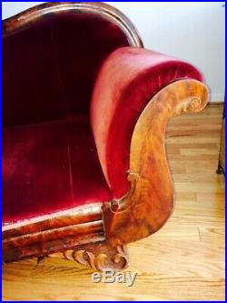 Stunning 1840's Empire Sofa with Burgundy Upholstery and Scrolled Arms and Feet