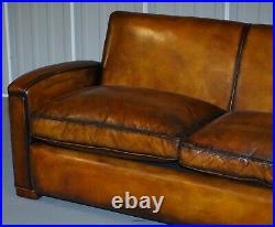 Stunning Art Deco Restored Whisky Brown Leather Sofa & Pair Of Armchairs Suite