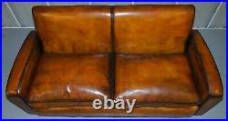 Stunning Art Deco Restored Whisky Brown Leather Sofa & Pair Of Armchairs Suite