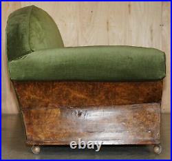 Stylish Antique Art Deco Cir 1920 Burr Walnut Green Velour Sofa Part Of A Suite