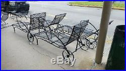 Stylish Salterini Wrought Iron Chaise Lounges W Pull Out Tables