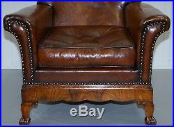 Thomas Chippendale Marquetry Walnut Inlay Brown Leather Sofa & Armchairs Suite