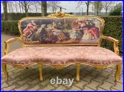 Timeless Elegance Vintage French Louis XVI Sofa Set with Pink Damask Upholstery