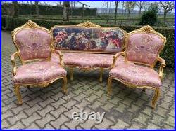 Timeless Elegance Vintage French Louis XVI Sofa Set with Pink Damask Upholstery