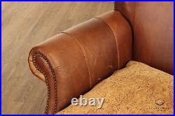 Traditional Brown Leather and Paisley Upholstered Sofa