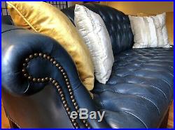 Tufted Chippendale Sofa Full Leather Federal Blue, camel back